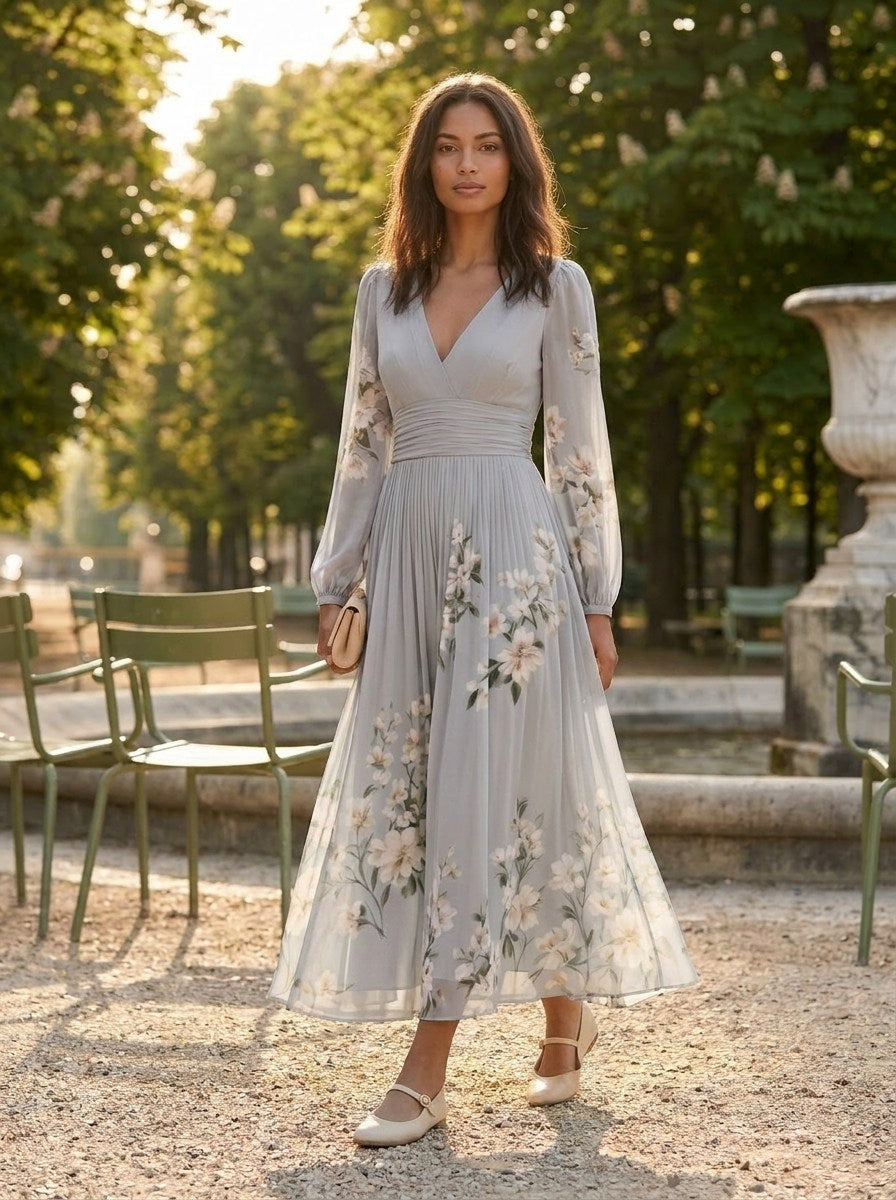 Rosa | Robe Mi-Longue à Fleurs Fraîches — Gris