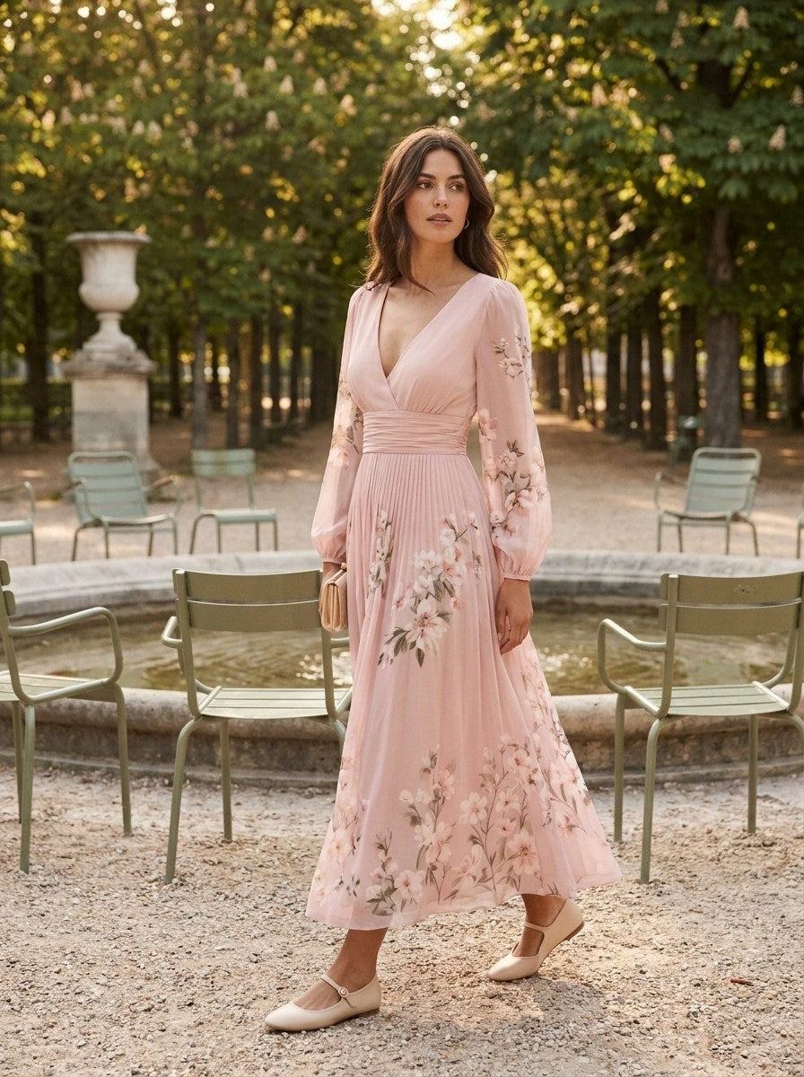 Rosa | Robe Mi-Longue à Fleurs Fraîches — Rose