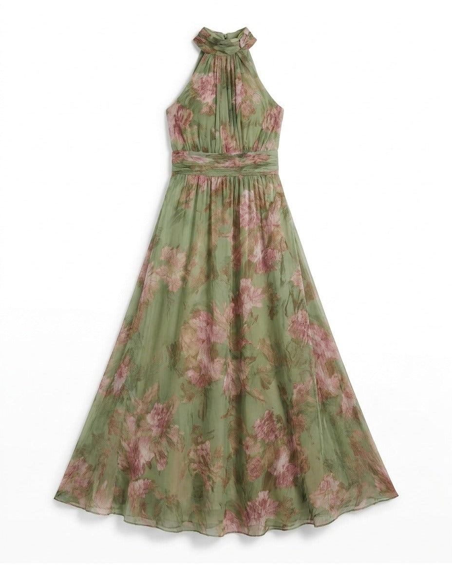 Robe Sophie vert à fleurs, vue à plat sur fond blanc