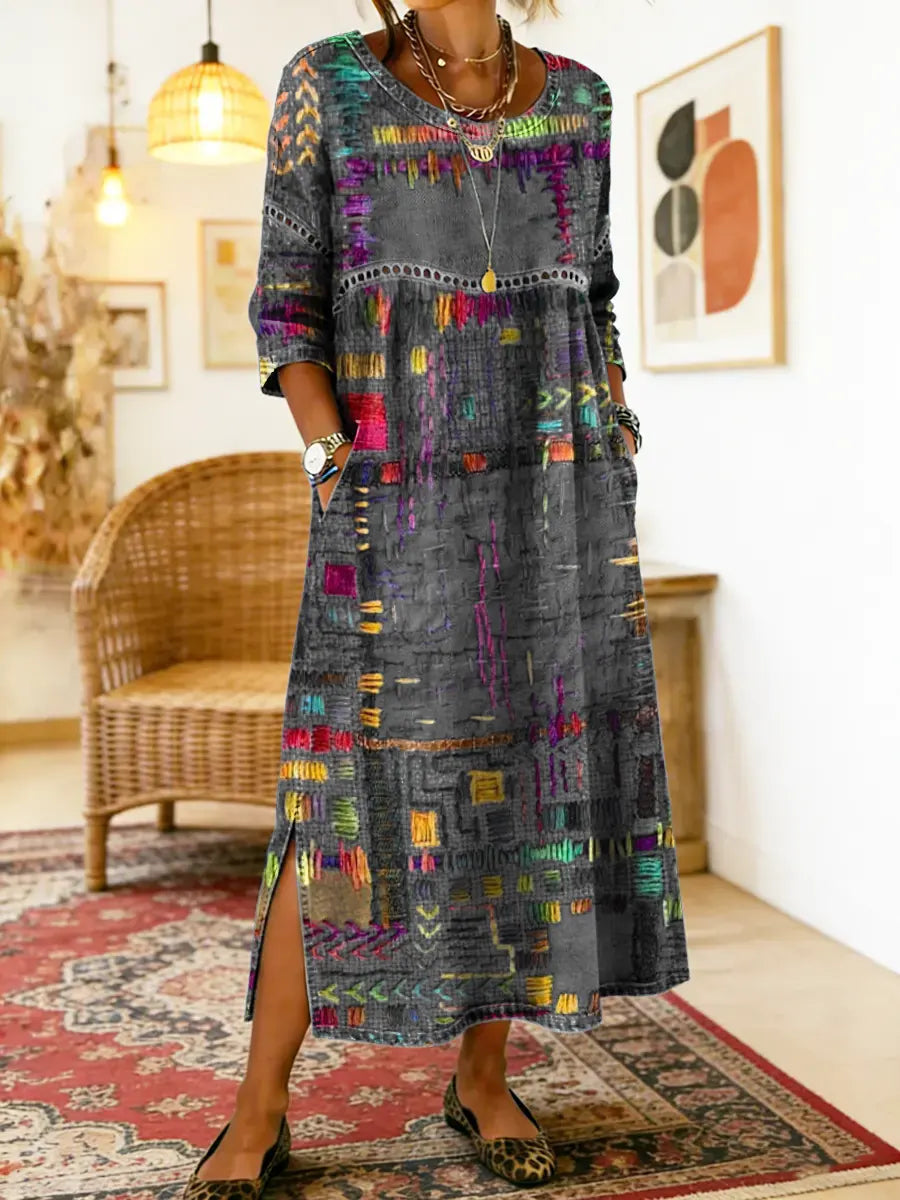 Manuella | Robe Denim Patchwork Ethnique — Gris