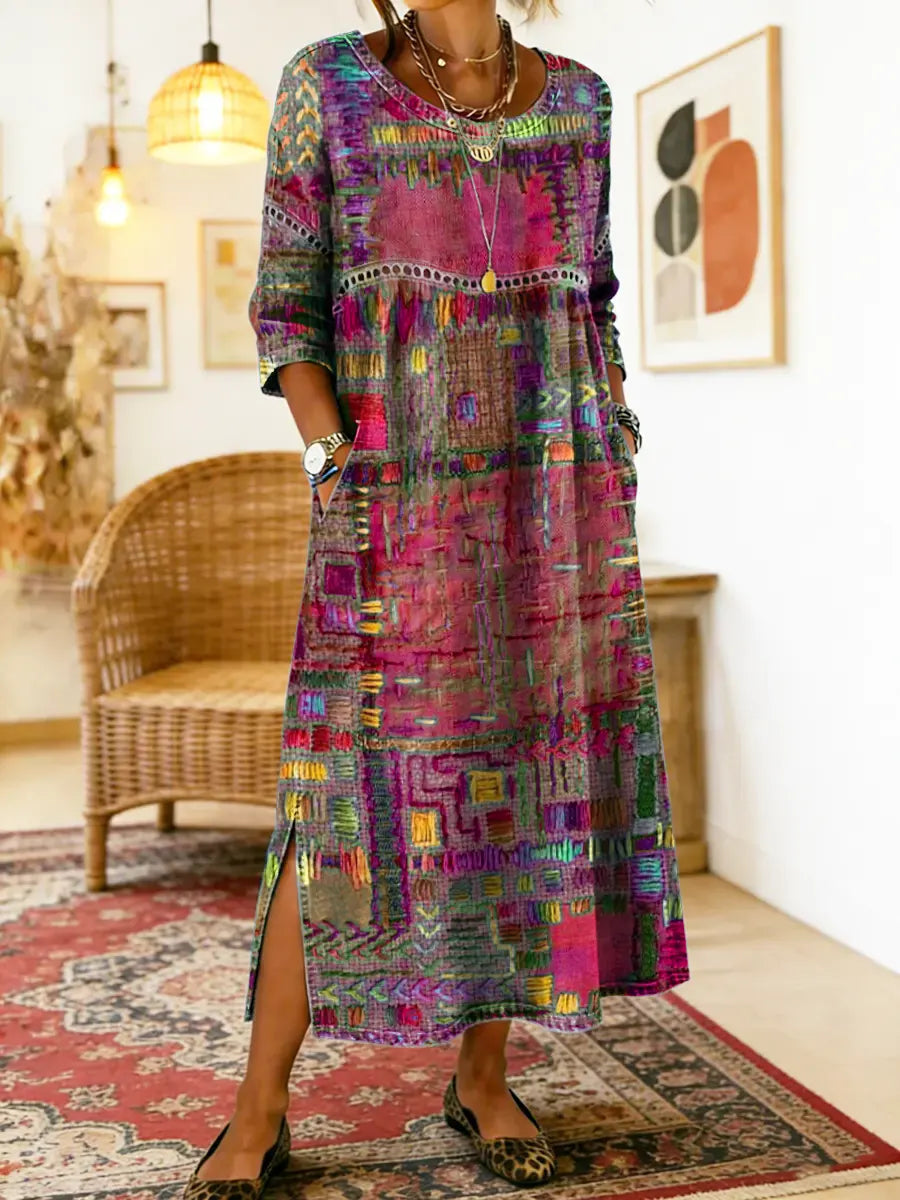 Manuella | Robe Denim Patchwork Ethnique — Rose