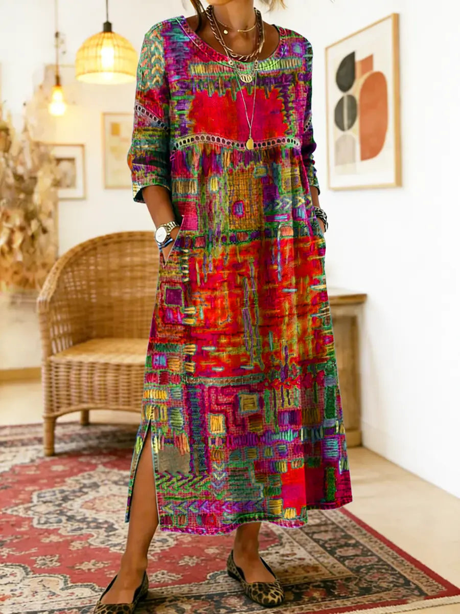 Manuella | Robe Denim Patchwork Ethnique — Rouge
