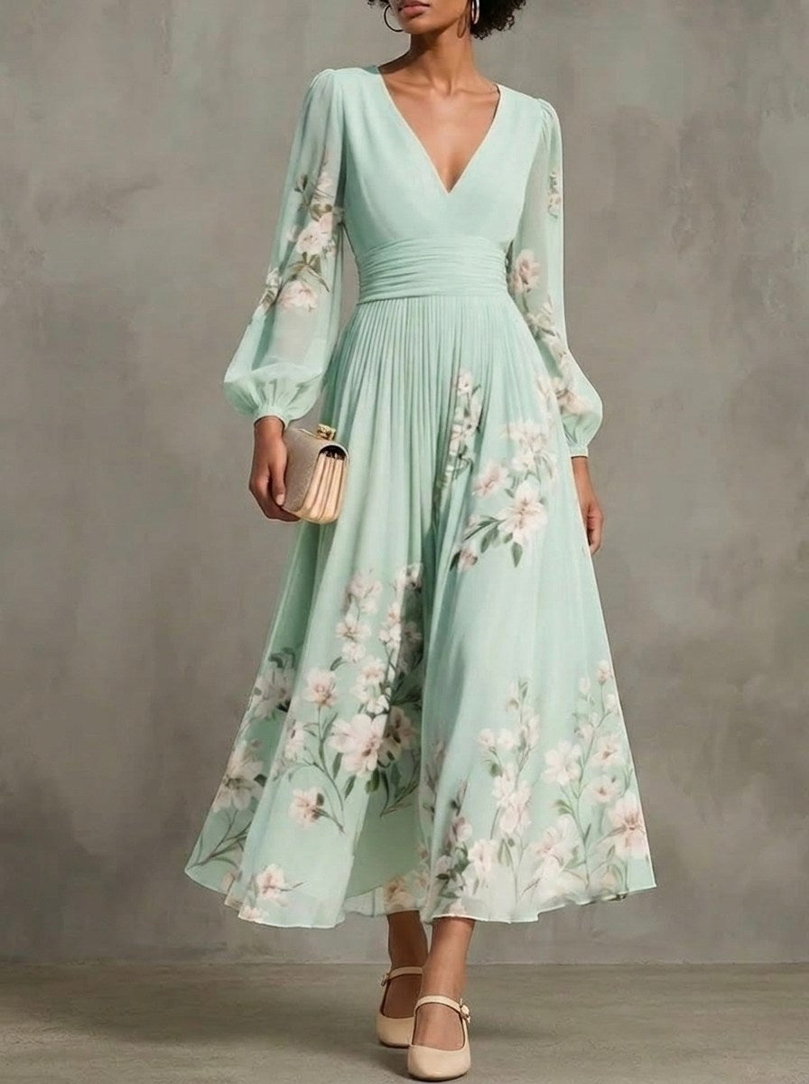Rosa | Robe Mi-Longue à Fleurs Fraîches — Vert clair