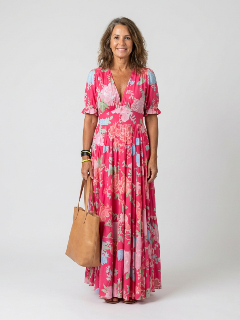 Margaux | Robe Florale Col V — Rouge