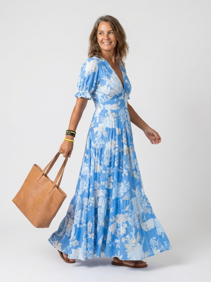 Margaux | Robe Florale Col V — Bleu