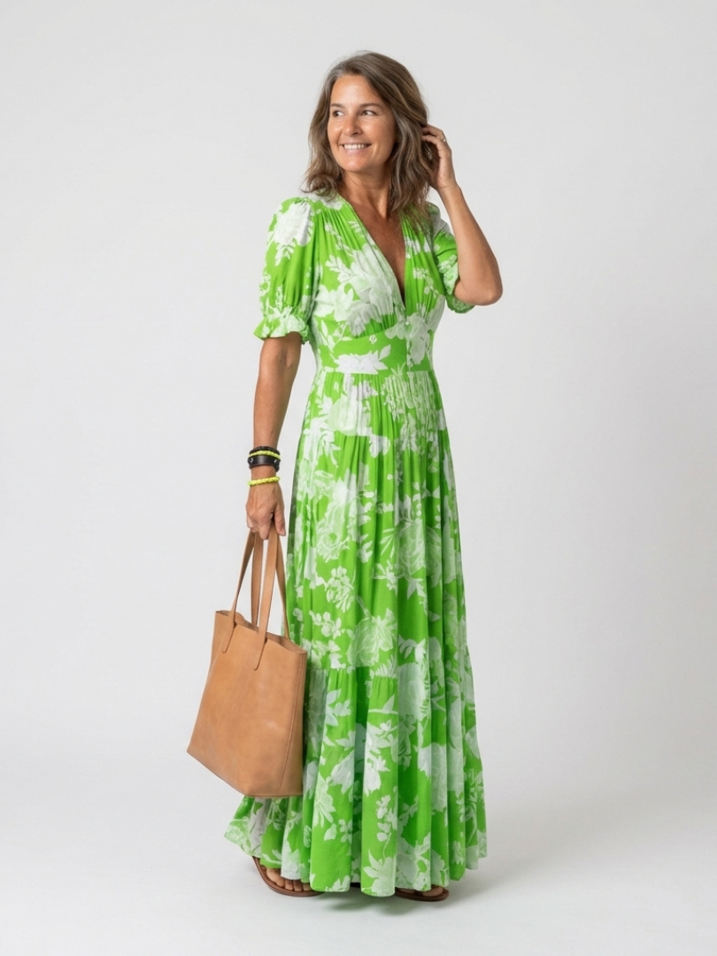 Margaux | Robe Florale Col V — Vert