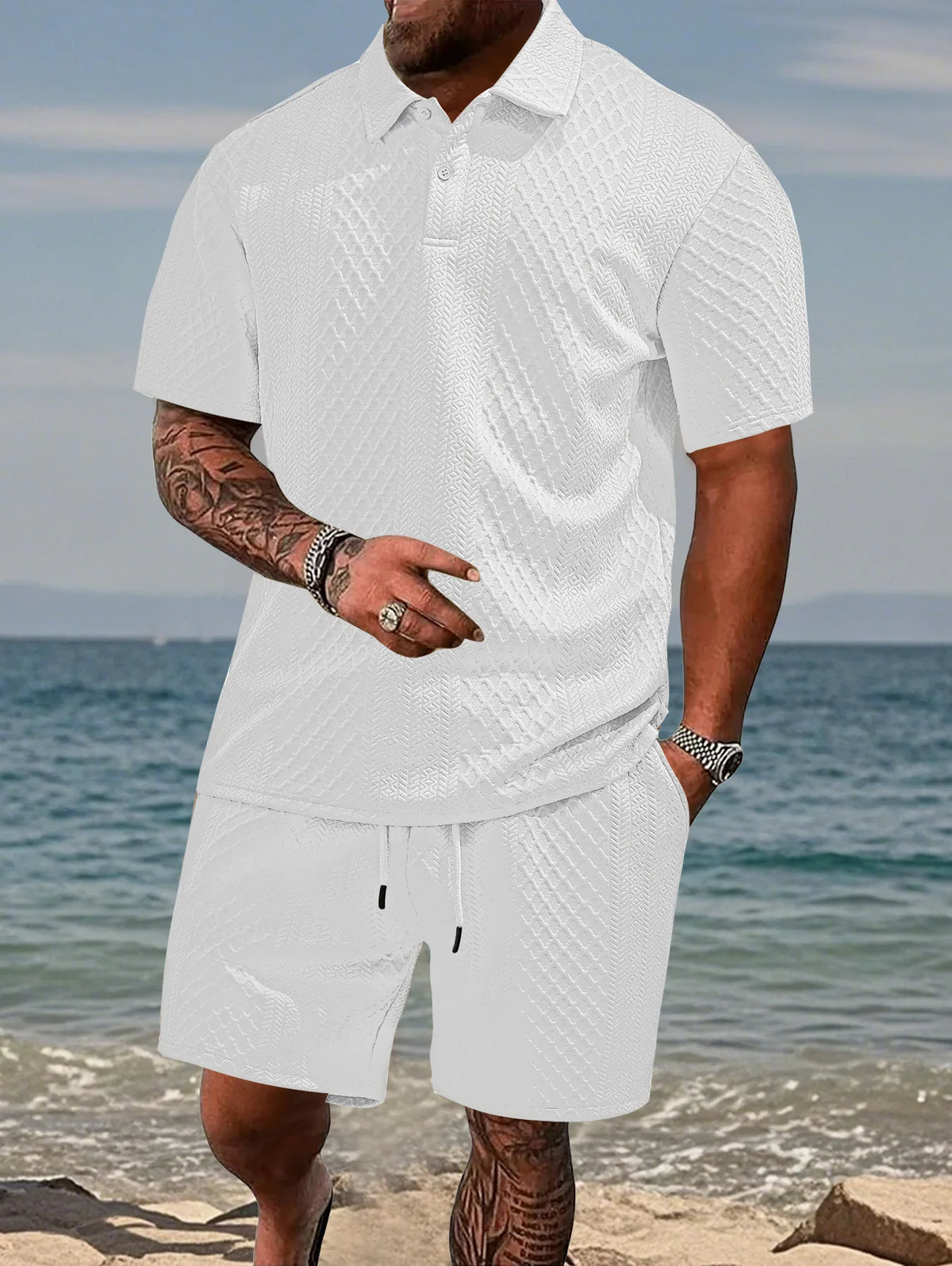 Ajaccio ensemble polo & short jacquard, coloris Blanc