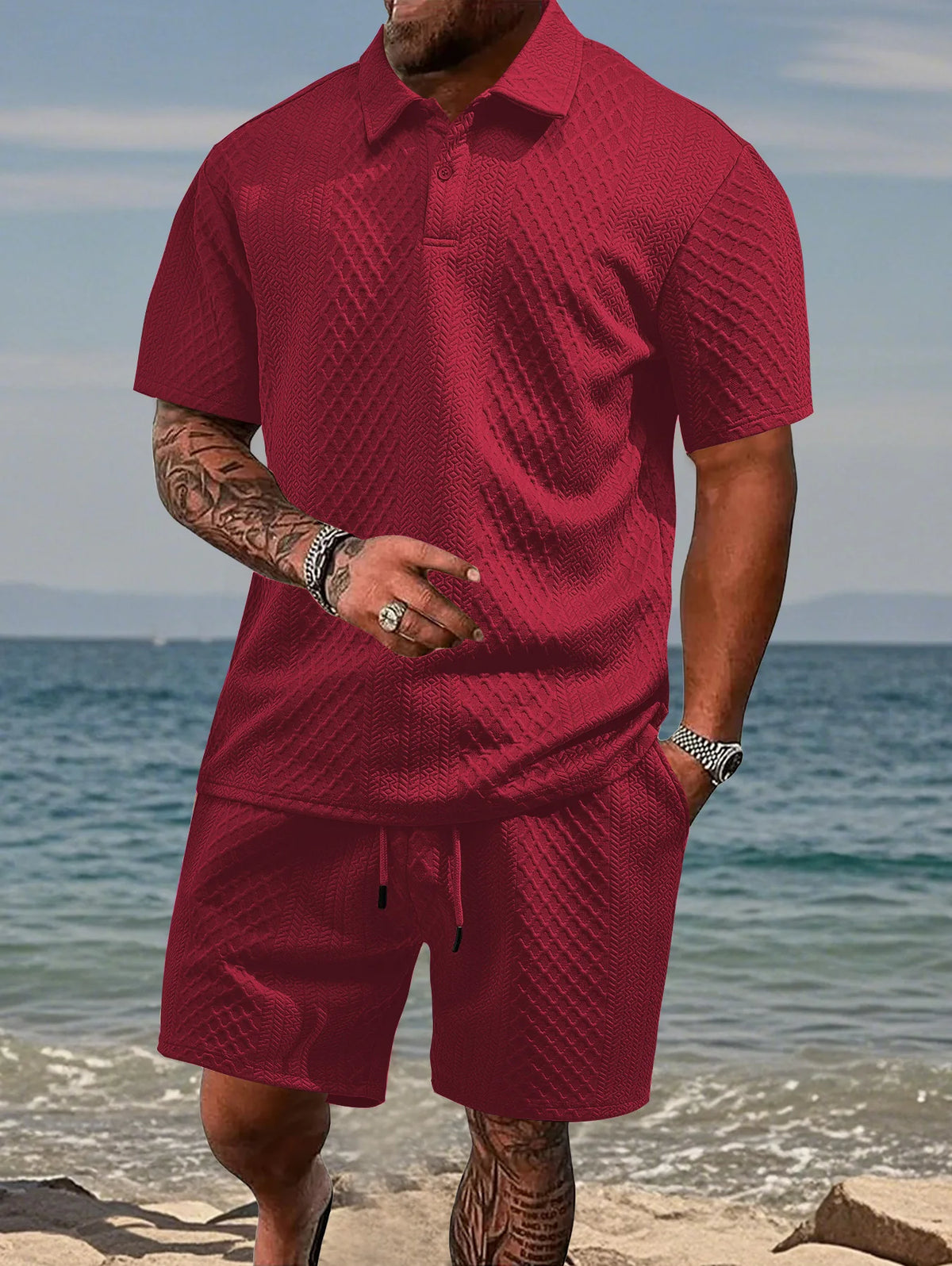 Ajaccio ensemble polo & short jacquard, coloris Bordeaux