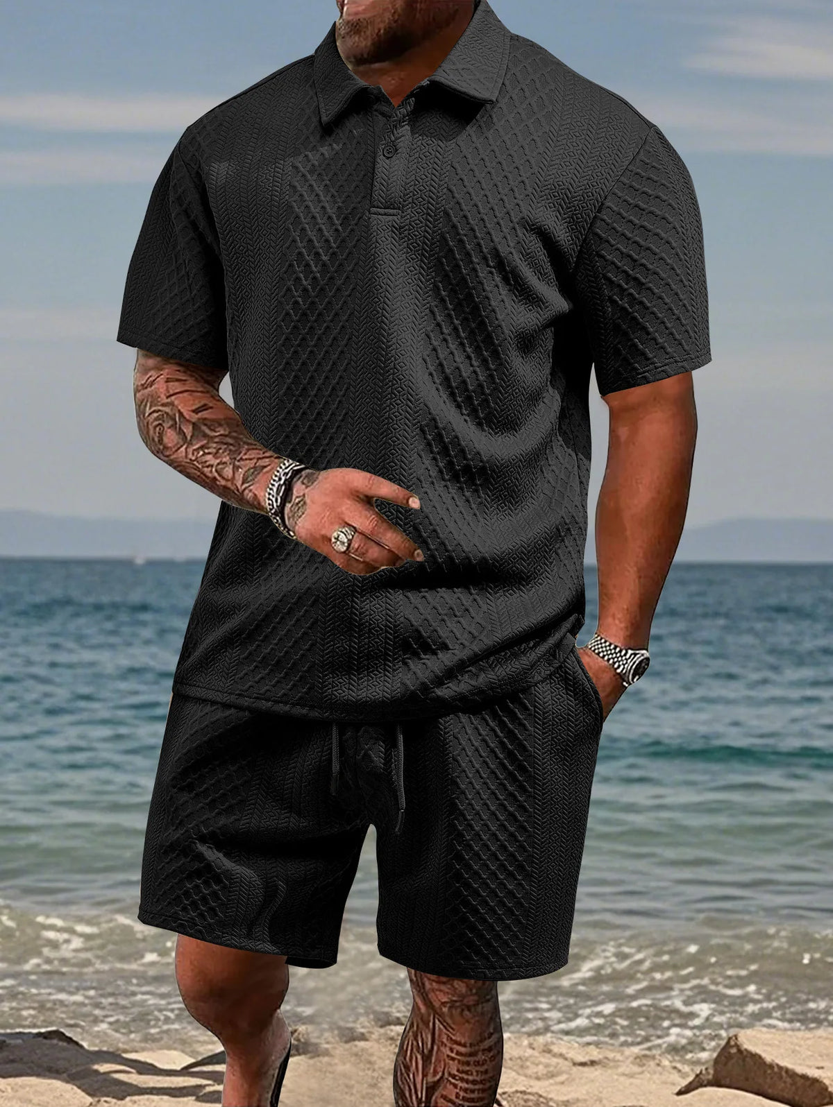 Ajaccio ensemble polo & short jacquard, coloris Noir