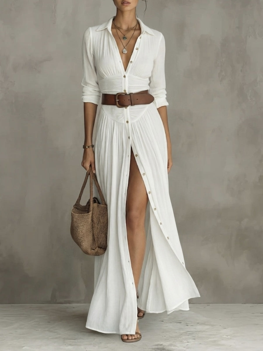 Suzanne | Robe Longue Col Tailleur — Blanc