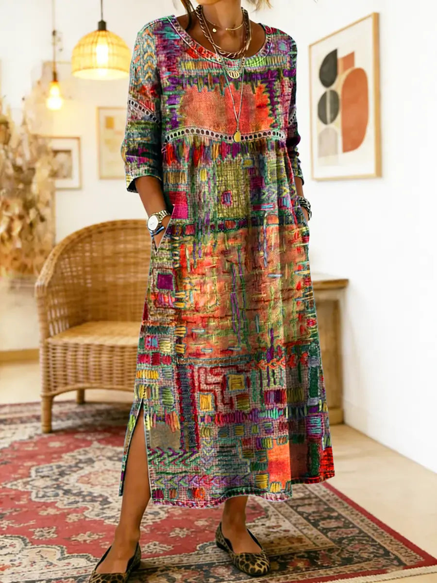 Manuella | Robe Denim Patchwork Ethnique — Orange