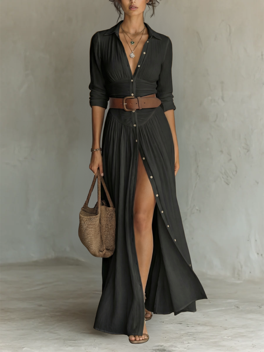 Suzanne | Robe Longue Col Tailleur — Noir