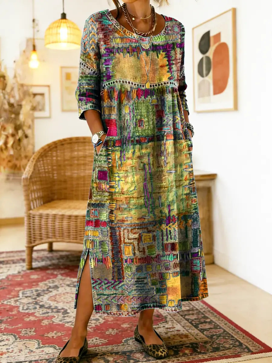 Manuella | Robe Denim Patchwork Ethnique — Jaune