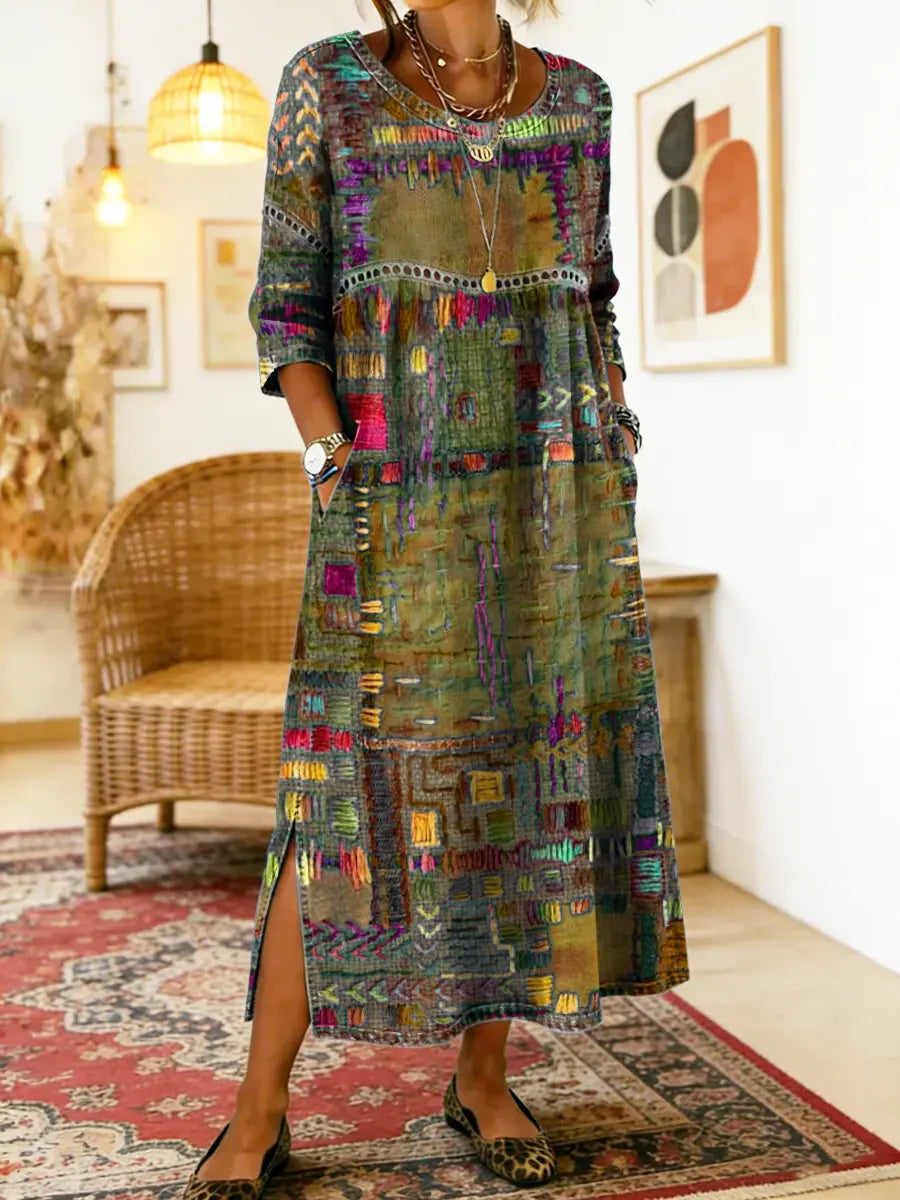 Manuella | Robe Denim Patchwork Ethnique — Verde militar