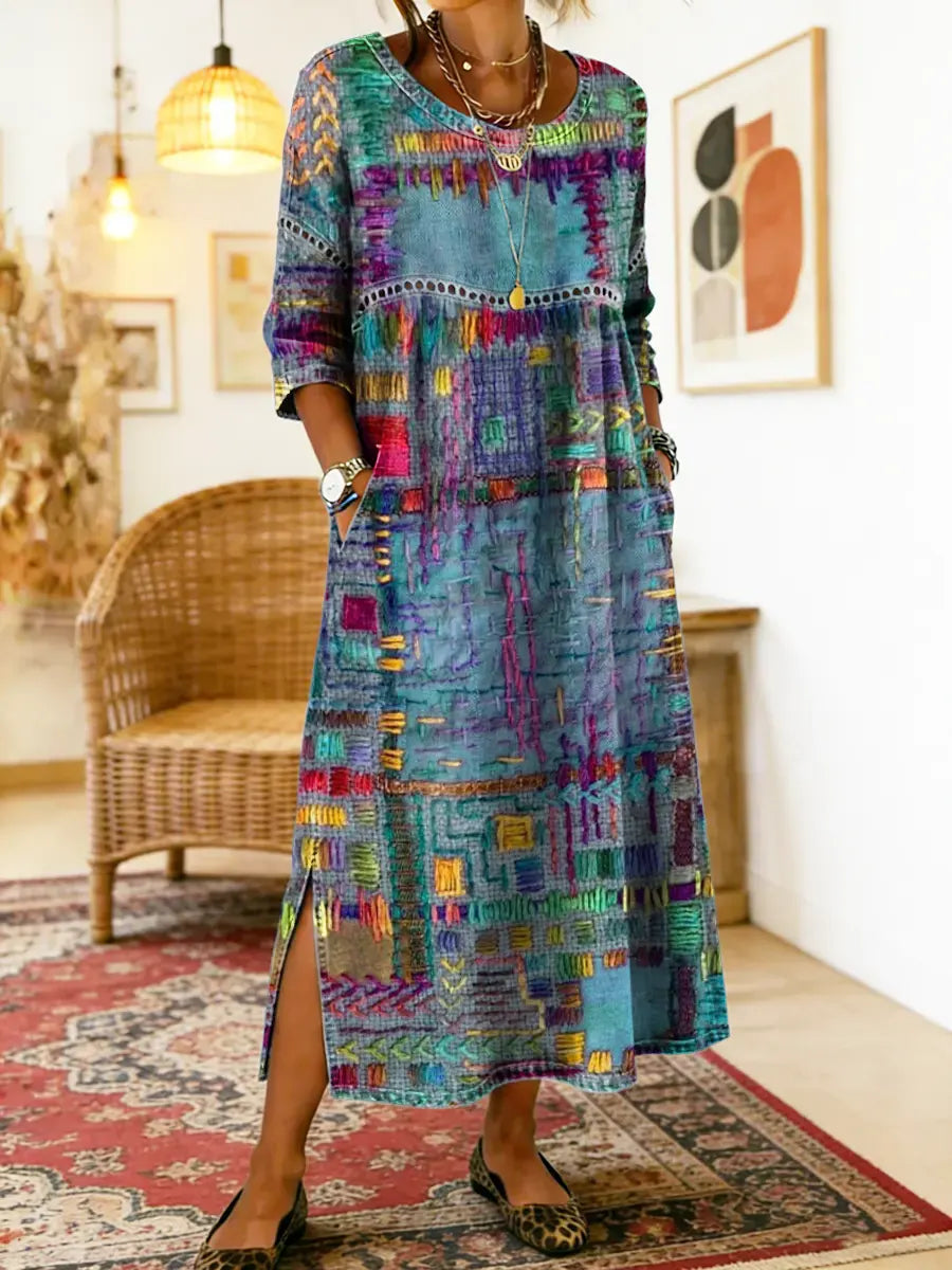Manuella | Robe Denim Patchwork Ethnique — Bleu