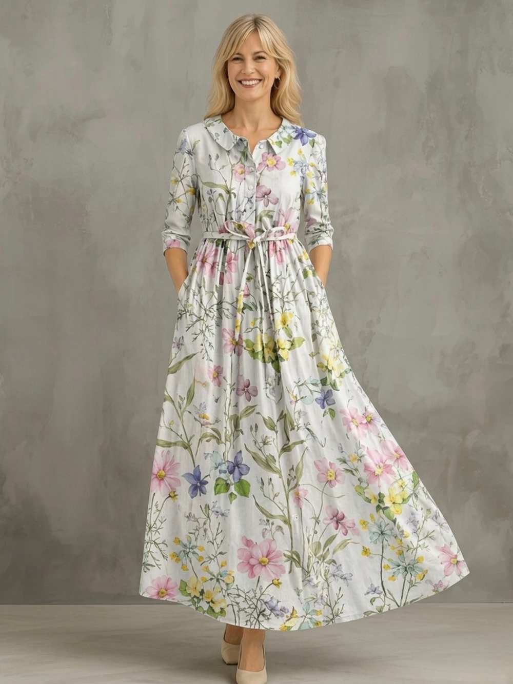Élise | Robe Midi en Lin Mélangé — Multicolore