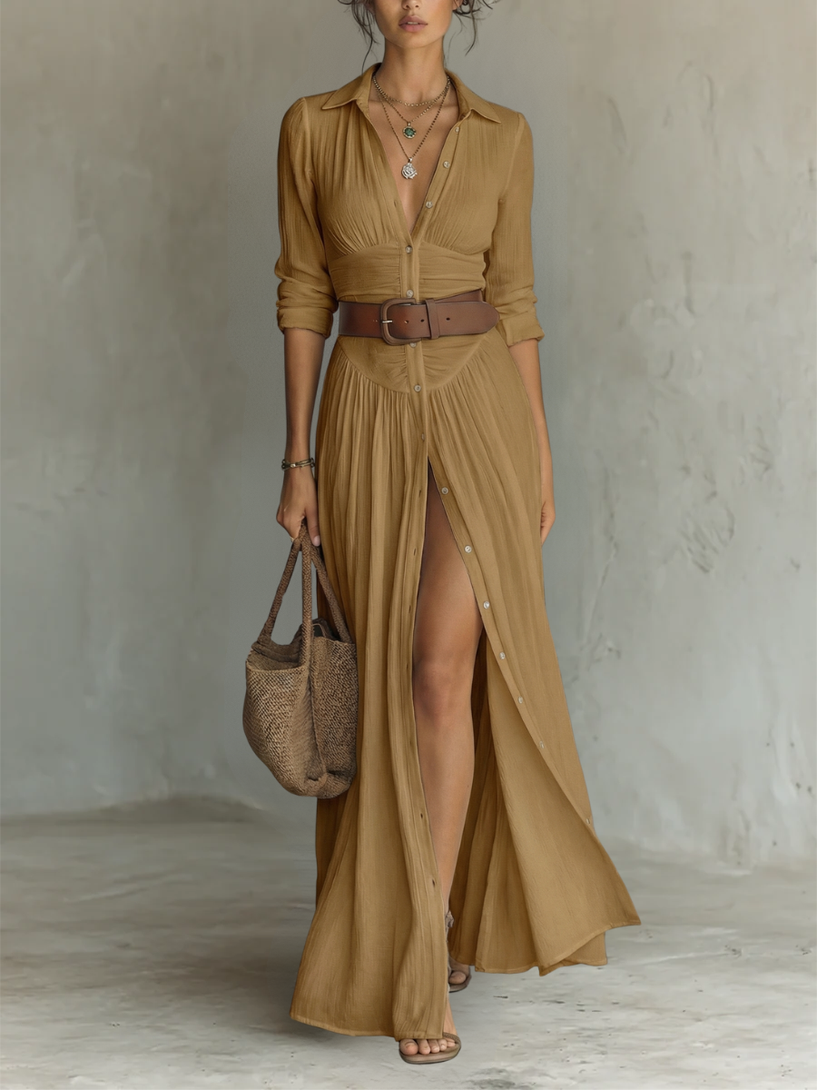 Suzanne | Robe Longue Col Tailleur — Marron
